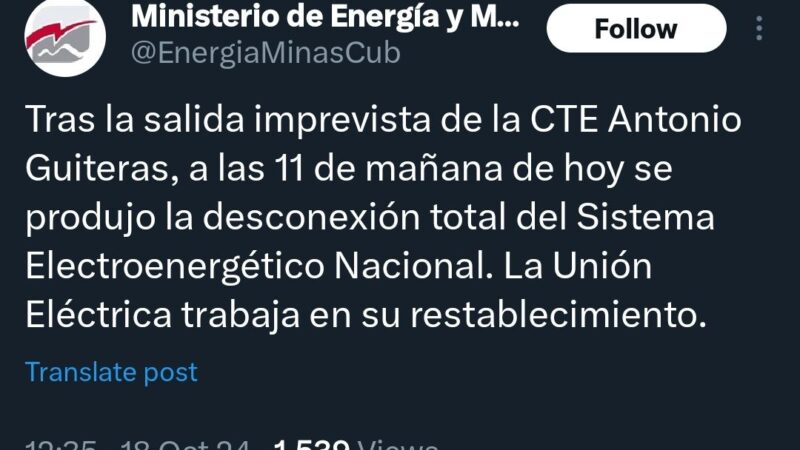 Salida imprevista de la CTA Antonio Guiteras provoca desconexión total del Sistema Electroenergético Nacional