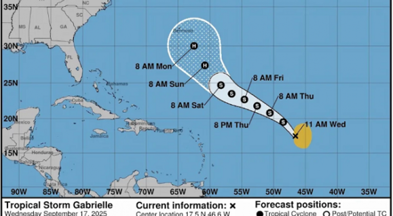 Tormenta tropical Gabrielle avanza por el Atlántico central